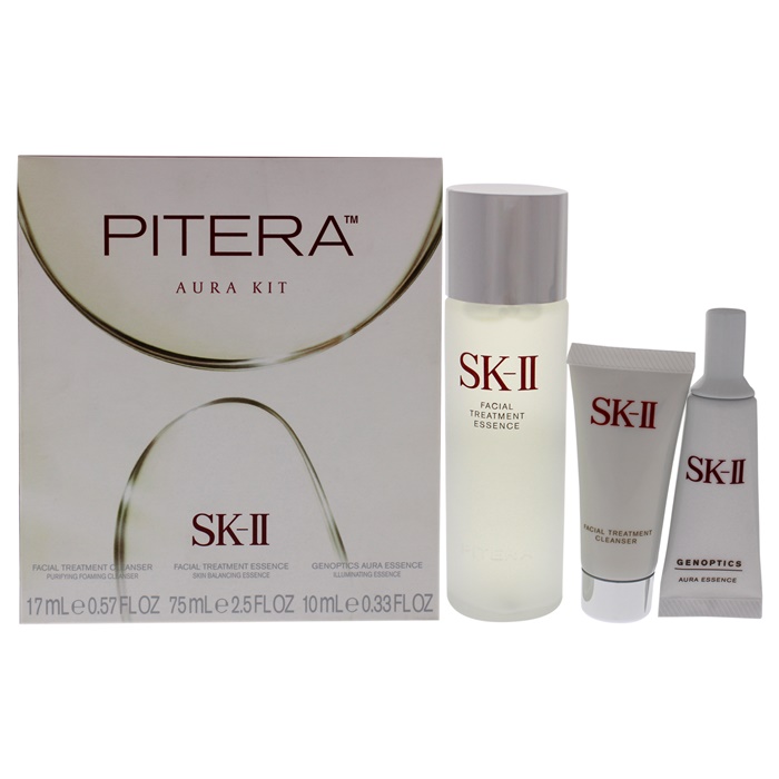 SK II Pitera Aura Kit 2.5oz Facial Treatment Essence, 0.5oz Facial Treatment Cleanser, 0.33oz Genoptics Aura Essence